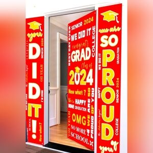 Graduation Party Vinyl Banners You Did It! Class '24  Decorations Red/Gold 2Pack